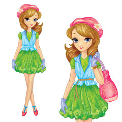 Girl In Green Dress And Pink Bag