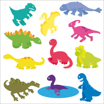 Vector collection of various kinds of cute cartoon dinosaurs.