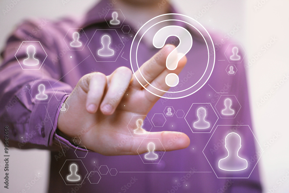 Poster businessman touch button interface question icon web