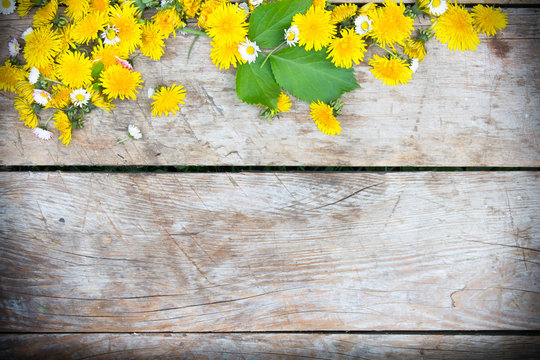 Fototapeta Wooden background with yellow and white flowers on it