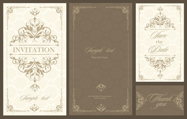 Wedding invitation vintage card with floral and antique decorative elements. Vector illustration
