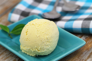 Scoop of vanilla ice cream, closeup

