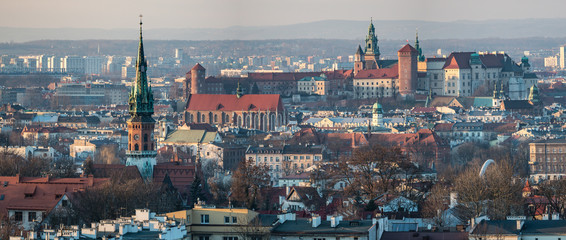 Fototapeta Panoramic view of Royal Wawel Castle in Krakow and St. Joseph's Church, view from Krakus Mound obraz