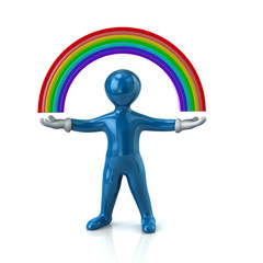 Blue cartoon character man and rainbow
