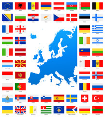 Map and Flags of Europe - Full Vector Collection. Vector Set of Flat European Flags and Map.