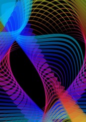 Psychedelic abstract black background with multicolored wavy rainbow overlapping curves