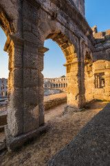 Architecture Details of the Roman Amphitheater Arena in Sunny Summer Evening. Famous Travel...