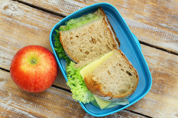 Healthy lunch box containing rustic bread sandwiches with cheese and lettuce and red apple
