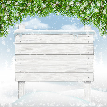 White Winter Wooden Signboard In Snow