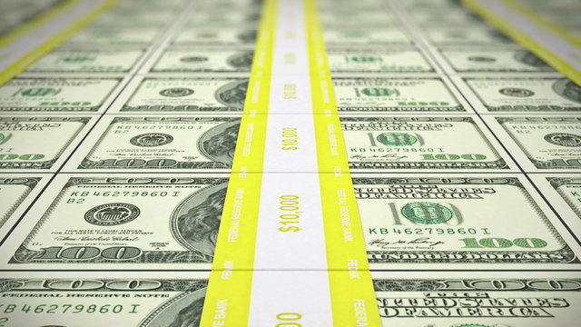 Flying over stacks of old 100 USD bills, seamless loop, depth of field