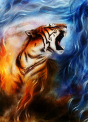 gentle portrait tiger. computer collage. Color Abstract background. Animal concept.