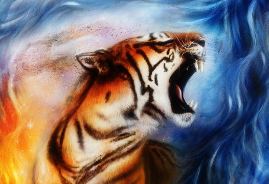 gentle portrait tiger. computer collage. Color Abstract background. Animal concept.