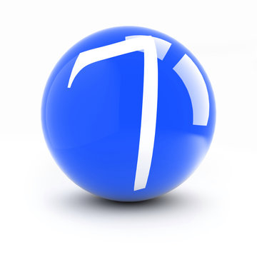 Number 7 on a bright blue balls isolated on white.