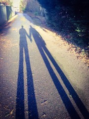Long late afternoon shadows of a couple holding hands
