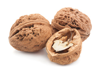 Walnut fruit on white