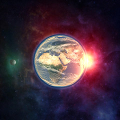 Obraz na płótnie Canvas Planet Erde im Weltraum mit Mond, Atmosphäre und Sonnenlicht