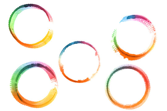Set of watercolor rings like rainbow, aquarelle design elements.