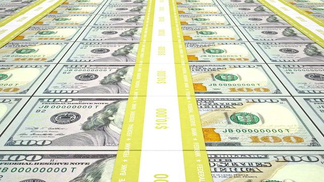 Flying over stacks of new 100 USD bills, seamless loop
