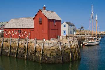 Scenic view of lobster boats moored at a harbor in Rockport, Massachusetts