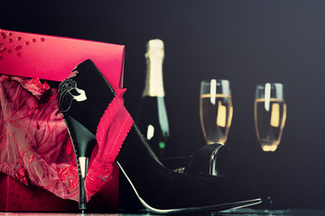 Red Lingerie In Gift Box, High Heels, Champagne And Glasses. Valentine Day, Love Concept.