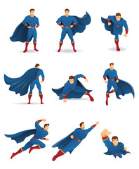 Superhero in Action. Set of Superhero character in 9 different poses with blue cape and blue suit. You can place your company name and logo on their chest. - obrazy, fototapety, plakaty