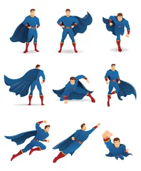 Foto op Canvas Superhero in Action. Set of Superhero character in 9 different poses with blue cape and blue suit. You can place your company name and logo on their chest. © bonezboyz