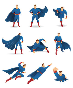 Superhero in Action. Set of Superhero character in 9 different poses with blue cape and blue suit. You can place your company name and logo on their chest.