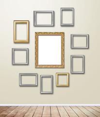 Golden wood Frame decor on wallpaper with light flare.