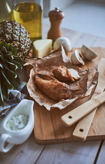 Ingredients for making pasta and pizza. Mushrooms, meat, pineapp