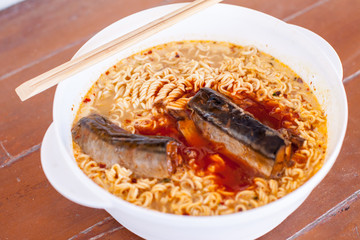 instant noodle with Canned fish in the bowl yummy food 