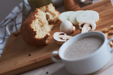 Ingredients for mushroom soup. Bread, porridge, mushrooms and on