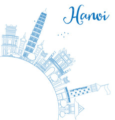 Outline Hanoi skyline with blue Landmarks and copy space. Some elements have transparency mode different from normal.