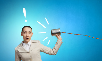 Woman with deaf phone