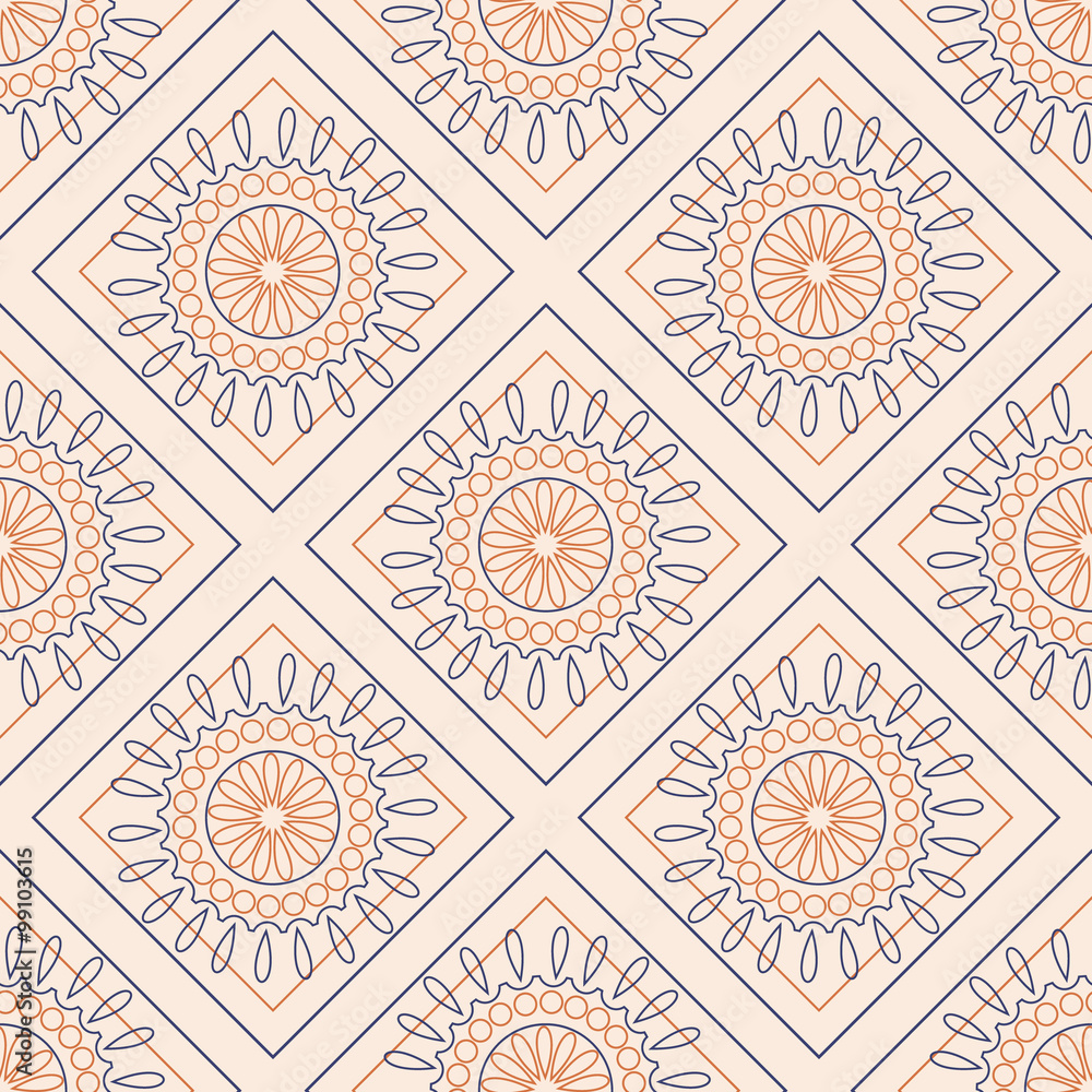 Wall mural seamless vector pattern. symmetrical geometric background with colorful rhombs and circles on the pi