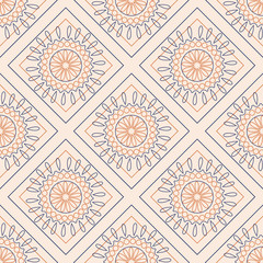 Seamless vector pattern. Symmetrical geometric background with colorful rhombs and circles on the pink backdrop. Decorative ornament.