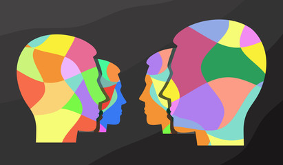 Vector concept showing the idea of communication, brainstorming and idea interchange through four colorful heads face to face