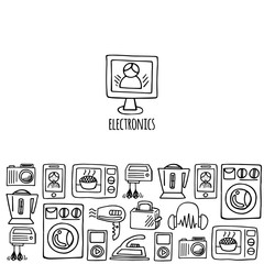 Home electronics sketch vector horizontal banner. 