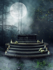 Kamienny ołtarz z czaszkami i świecami w lesie nocą © Obsidian Fantasy