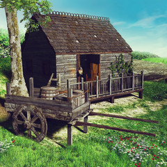 Stara drewniana szopa i wózek z beczkami na łące © Obsidian Fantasy