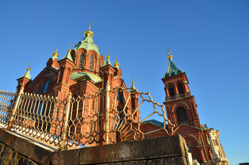 Fototapeta na wymiar Uspenski Orthodox Cathedral (built in 1862 and1868), Helsinki, Finland. One of most popular tourist sights in Helsinki.