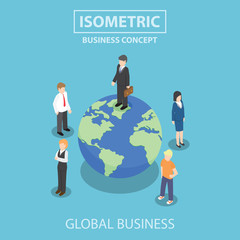 Isometric businessman standing on the world