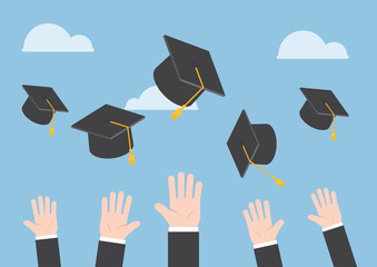 Businessman hands throwing graduation hat in the air