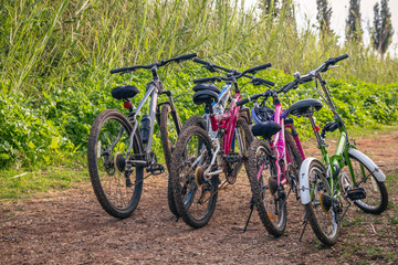Fototapeta na wymiar Several bicycles parked on a dirt road 