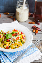 vegetarian vegetable stew with peas and corn, curry, healthy din