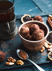 chocolate truffle, dessert on a blue background