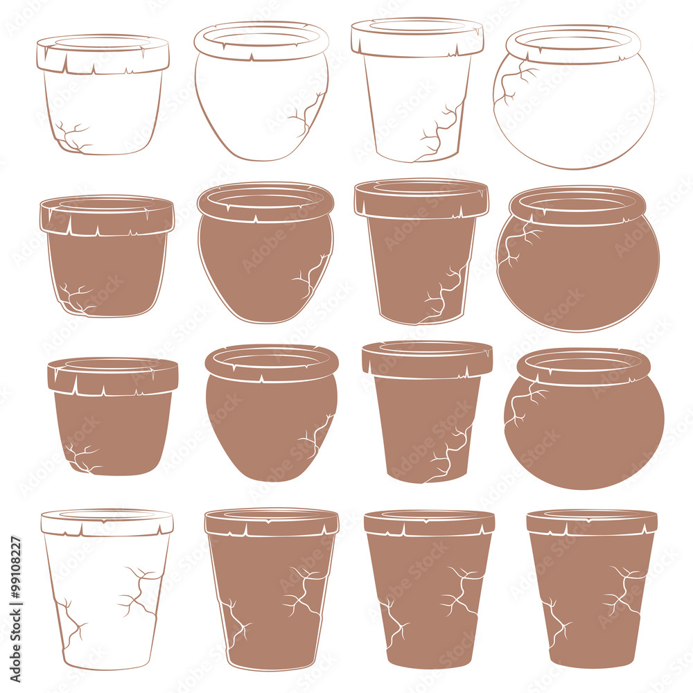 Poster vector set of old clay pots for flowers. isolated objects
