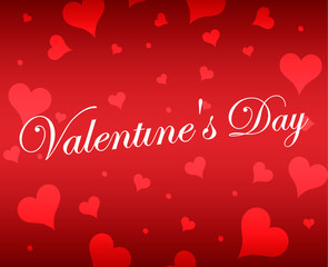 Beautiful lettering calligraphy white text. Calligraphy inscription Happy Valentine's Day hearts boke blurred on a red pink background. Vector illustration EPS 10