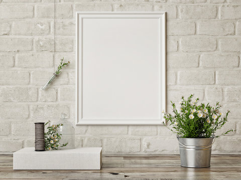 Mock up poster, interior composition,white  brick wall, flowers,  white poster, 3d render