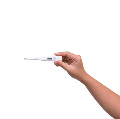 Hand holding digital thermometer for fever measurement isolated