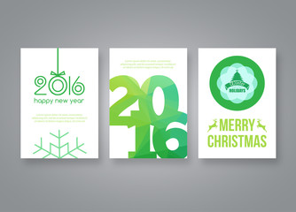 Happy new year 2016 and Merry Christmas vector green modern brochure design template with numbers. Set of Postcard, invitation. Vector illustration.
